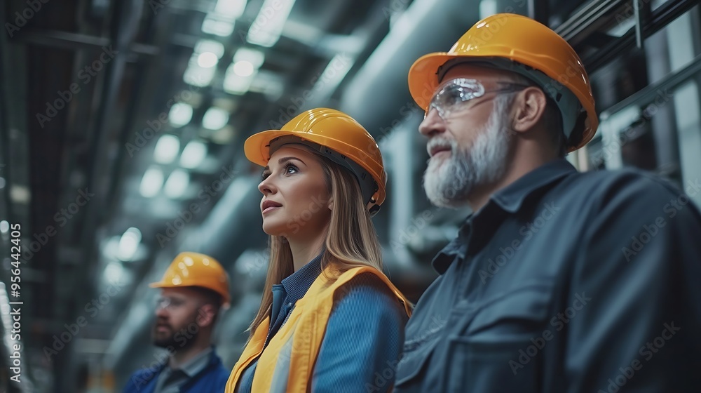 Poster Engineers consulting with director in modern industrial factory talking about new production project or investment Team management in manufacturing facility : Generative AI