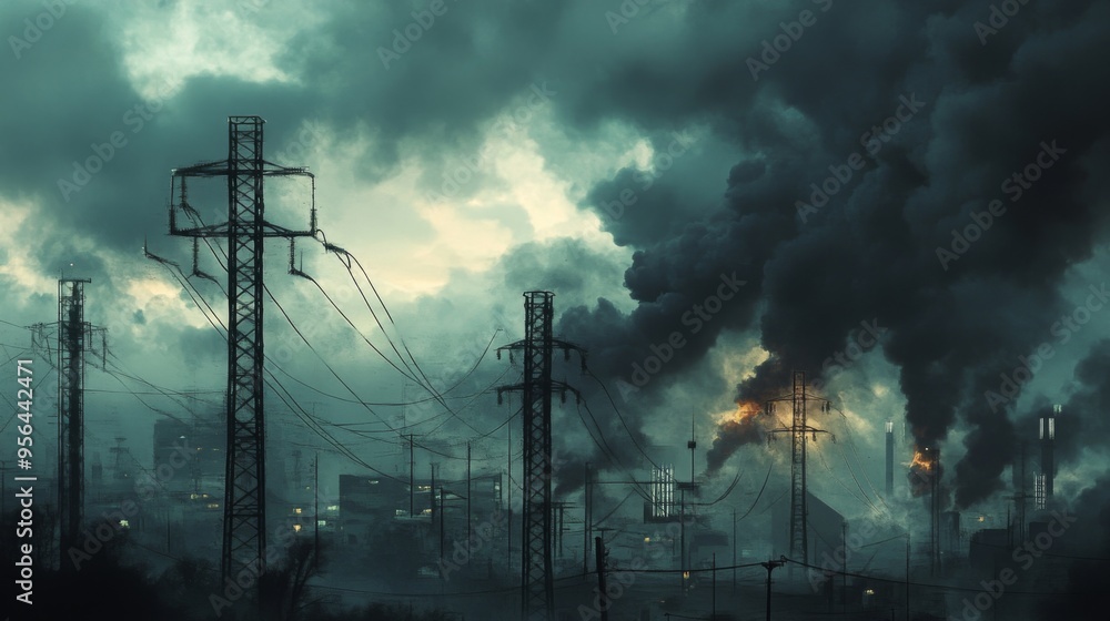 Poster Industrial scene with multiple power poles and transformers, dark clouds in the background