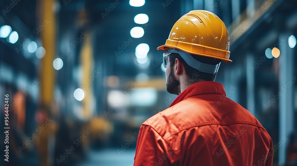 Poster professional technician engineer with safety helmet hard hat working in industrial manufacturing fac