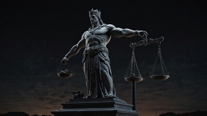 A statue of Nemesis standing before a set of scales, with a pitch-black night sky as the backdrop.