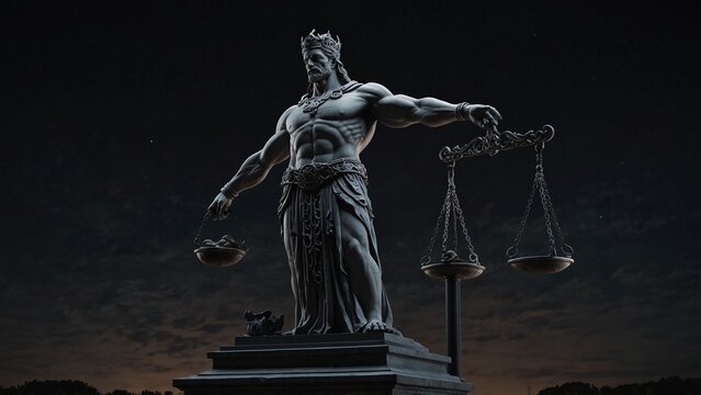 A statue of Nemesis standing before a set of scales, with a pitch-black night sky as the backdrop.