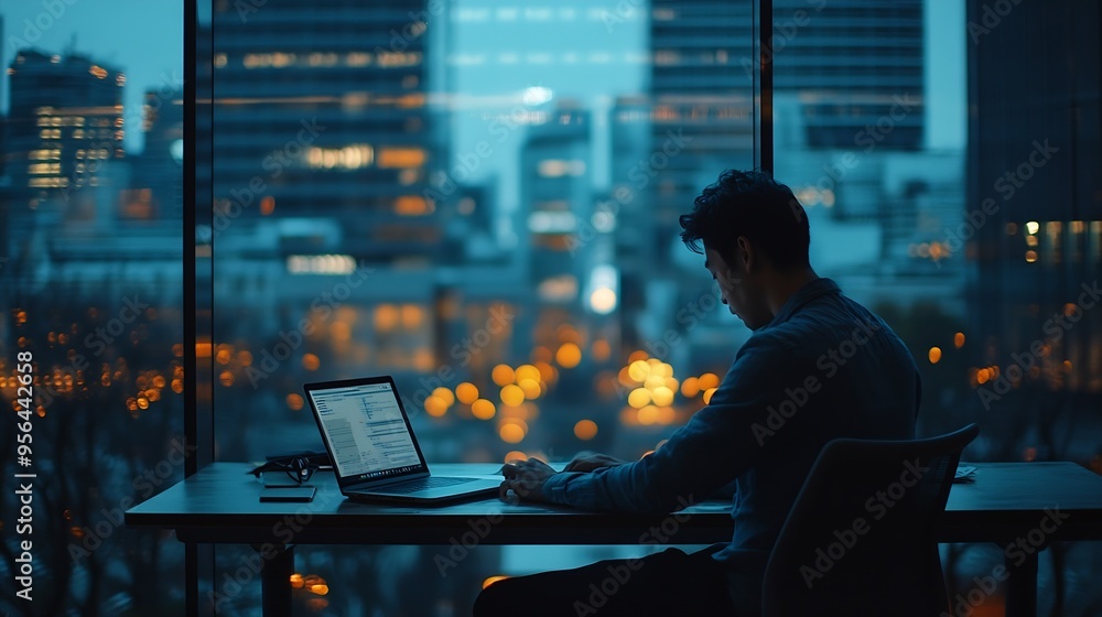 Poster A man is seated at a desk using a laptop computer in a building The desk is a piece of furniture with a shelf for office equipment : Generative AI