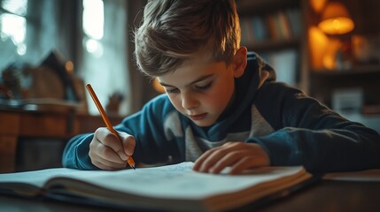 Closeup cropped shot of unrecognizable pupil boy studying at home writing in exercise book doing homework learning sitting at table Selective focus of schoolboy doing homework reading  : Generative AI