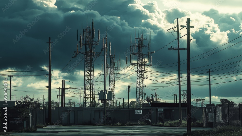 Poster Industrial scene with multiple power poles and transformers, dark clouds in the background