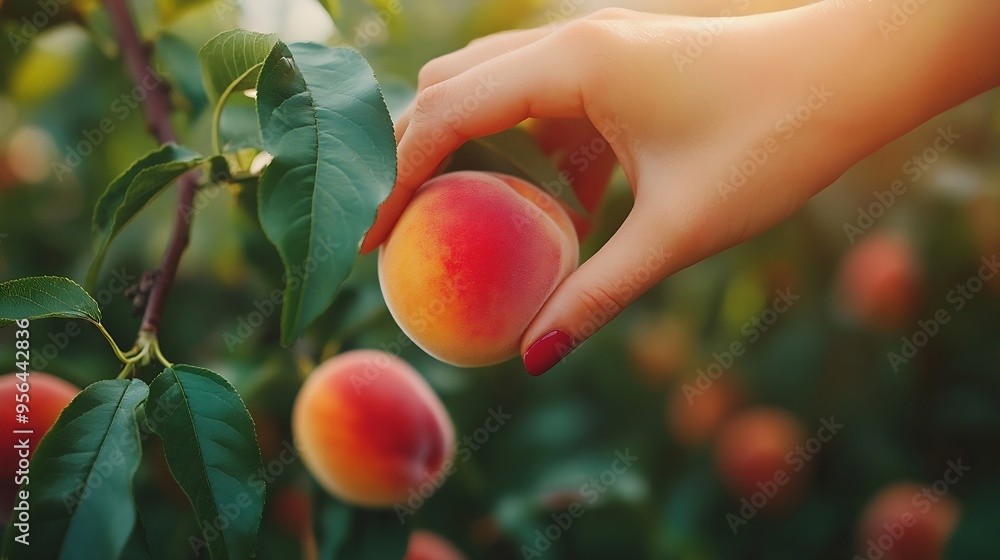 Aufkleber harvesting peaches female hand touching fresh ripe peach on branch of peach tree in orchard : genera