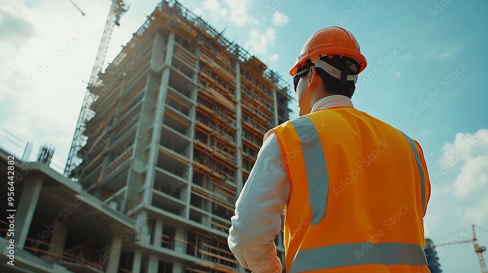 Fototapete Civil engineer with personal safety equipment checking and consult with construction site foreman technician for inspect building construct process during follow up process Engineering : Generative AI