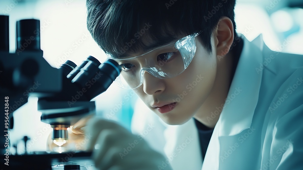 Poster young scientist looking through a microscope in a modern laboratory medical science looking at sampl