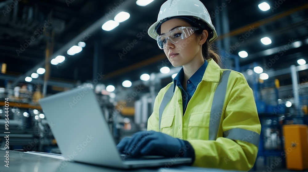 Aufkleber Female engineer using laptop computer for safety control checks or manufacturing maintenance work in factory building or construction site woman engineer inspector working in industry  : Generative AI
