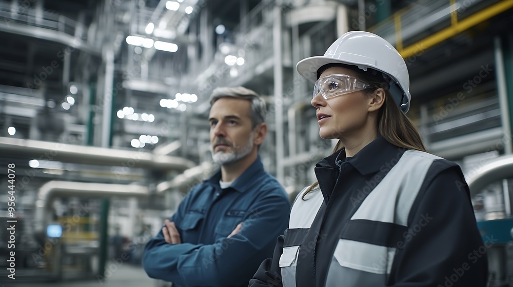 Aufkleber Female engineer and male production manager standing in modern industrial factory talking about production Manufacturing facility with robotics and automation : Generative AI