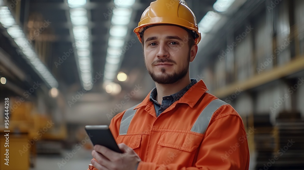 Fototapete Man builder Architect of industrial buildings Construction engineer stands in empty hangar Architect uses internet on his phone Builder of industrial buildings Man engineer in work uni : Generative AI