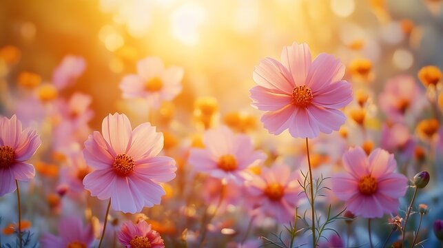 meadow flowers in early sunny fresh morning Vintage autumn landscape background colorful beautiful fall flowers magical : Generative AI