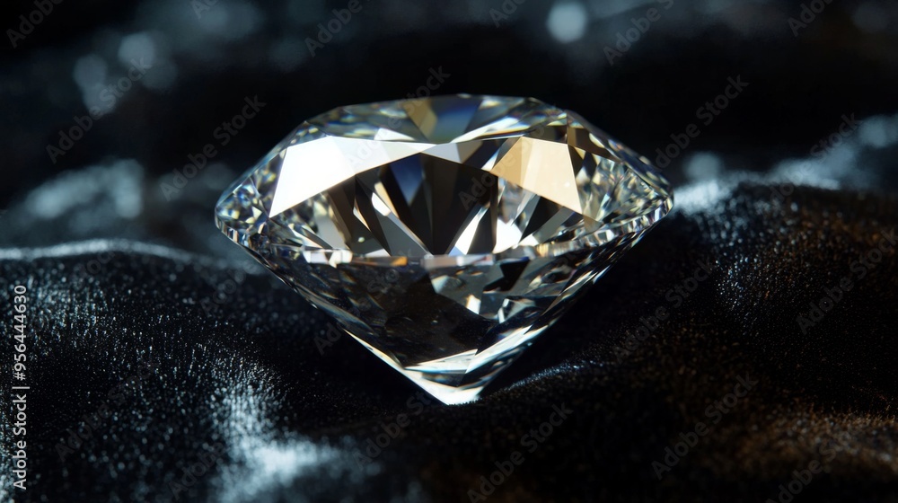 Poster Macro image of a diamond on black velvet, emphasizing its sharp edges and flawless surface
