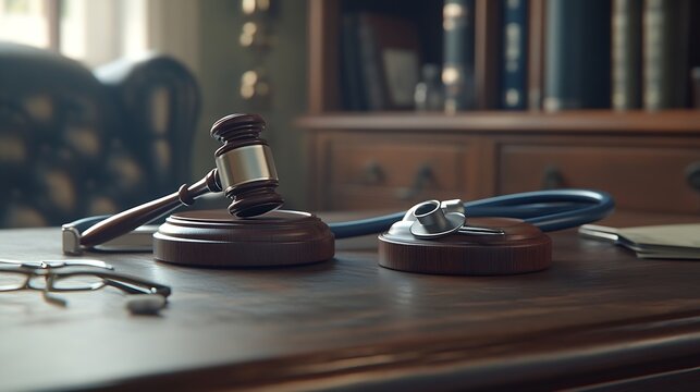 Closeup of judge hammer and doctor stethoscope on office desk Medical malpractice personal injury lawyer and healthcare legal aspects concept : Generative AI