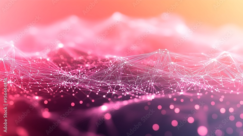 Poster pink abstract background with bokeh lights and network