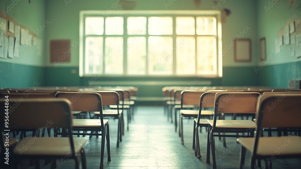 Poster empty school classroom with desks and chairs : generative ai