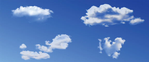 White clouds. Realistic 3d semi transparent cloud in blue sky. Summer rain clouds vector isolated set. Beautiful cloudscape with fluffy cumulus. Outdoor summer floating cloudy heavens
