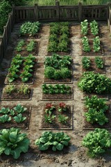 Aerial View of a Well-Organized Vegetable Garden with Various Green Plants and Wooden Fence