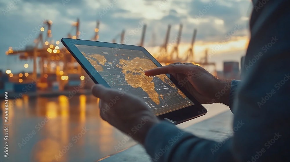 Poster Businessman touching tablet for analyze stock at logistics port and world map with Delivery network distribution on background transportation trading business concept : Generative AI
