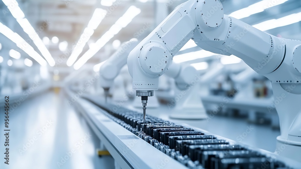 Aufkleber row of white robotic arms at modern factory lithiumion ev battery pack production at automated assem