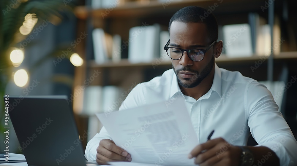Poster young businessman concentrating on paperwork while working on a laptop professional setting in a mod