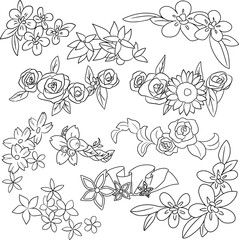 Border and frame line vector design with flowers. Floral ornament and flowers, ribbon and leaves, vintage sketches