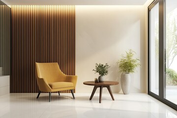 luxury design minimalist of home entryway with light brown wooden wall, modern dark yellow chair and table set and elegant white floor 
