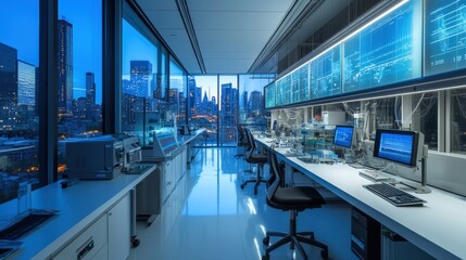 Fototapeta premium An advanced laboratory features sleek workstations with cutting-edge technology and a stunning view of the city skyline at twilight, emphasizing innovation and research