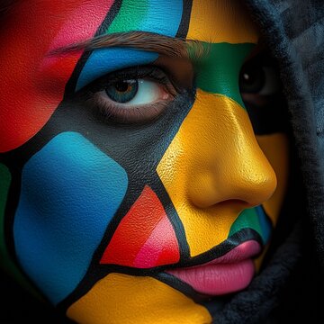 Artistic masquerade: girl with arlequin painted face