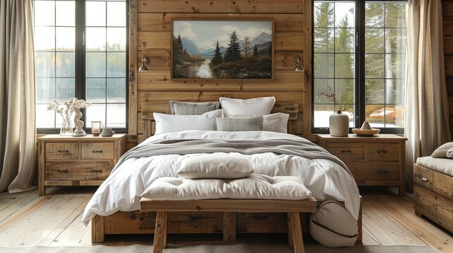A cozy cabin bedroom with a rustic interior design.