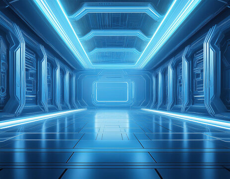 Technological Studio Background with Neon Panels in light blue Colors. Futuristic Podium for Product Presentation 