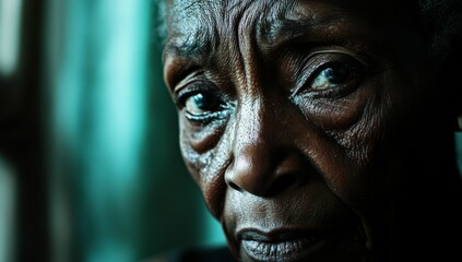 close-up of elderly black woman, looking with sadness 