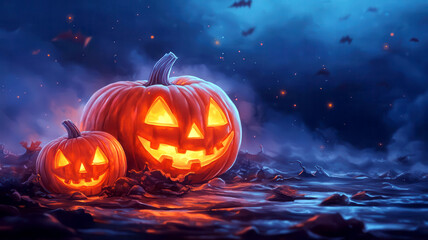 Mermaids with pumpkin lanterns, glowing in the dark ocean, Halloween vibes, Watercolor style