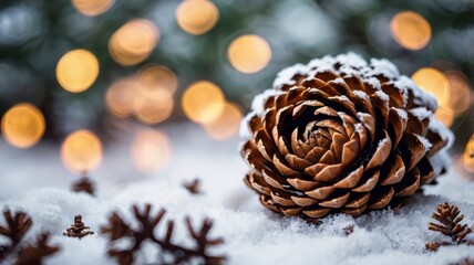 Snowy pine cone with blurred bokeh lights in background