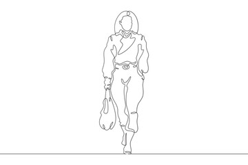 Continuous one line drawing woman in beautiful winter clothes. Girl walking in coat. Woman with woman's handbag. One continuous line isolated minimal illustration.