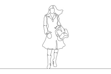 Continuous one line drawing woman in beautiful winter clothes. Girl walking in coat. Woman with woman's handbag. One continuous line isolated minimal illustration.