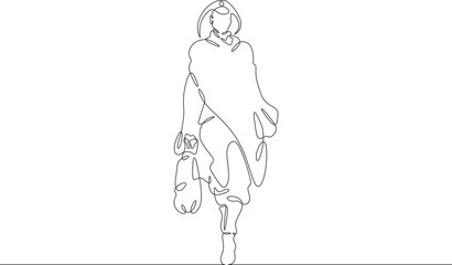 Continuous one line drawing woman in beautiful winter clothes. Girl walking in coat. Woman with woman's handbag. One continuous line isolated minimal illustration.