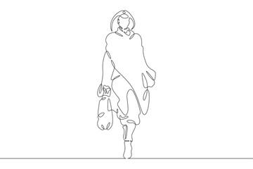 Continuous one line drawing woman in beautiful winter clothes. Girl walking in coat. Woman with woman's handbag. One continuous line isolated minimal illustration.
