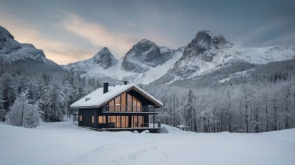 Fototapeta premium Snowy Scandinavian chalet with minimalist winter scenery