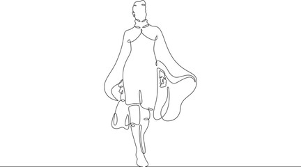 Continuous one line drawing woman in beautiful winter clothes. Girl walking in coat. Woman with woman's handbag. One continuous line isolated minimal illustration.