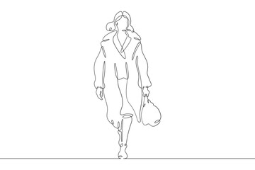Continuous one line drawing woman in beautiful winter clothes. Girl walking in coat. Woman with woman's handbag. One continuous line isolated minimal illustration.