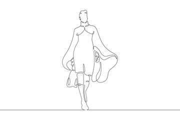 Continuous one line drawing woman in beautiful winter clothes. Girl walking in coat. Woman with woman's handbag. One continuous line isolated minimal illustration.