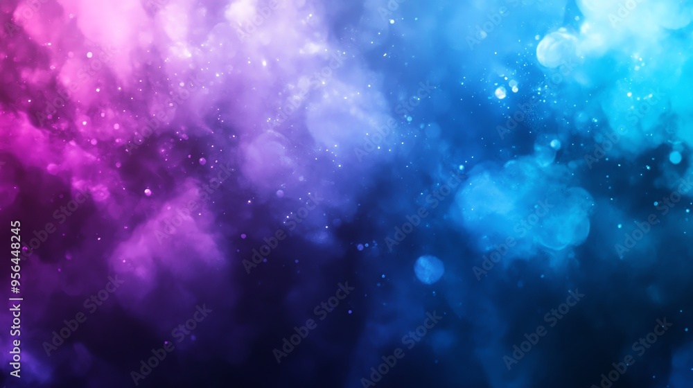 Poster abstract background with pink and blue nebula-like clouds and bokeh lights.
