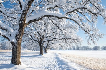 A serene winter landscape with snow-covered trees and a clear blue sky.