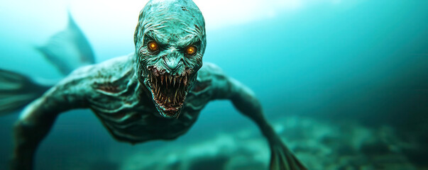 Zombie mermaid with decaying fins in a haunted lagoon, Halloween, dark and creepy