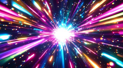 Fototapeta premium Abstract digital art of colorful glowing lines and particles radiating from center.