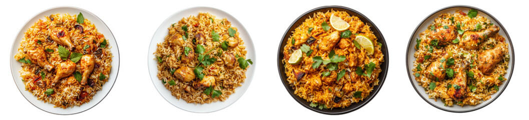 Plate with chicken biryani set isolated on transparent or white background