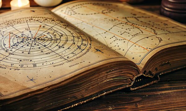 Aged pages from an astrology manuscript feature intricate celestial charts and symbols