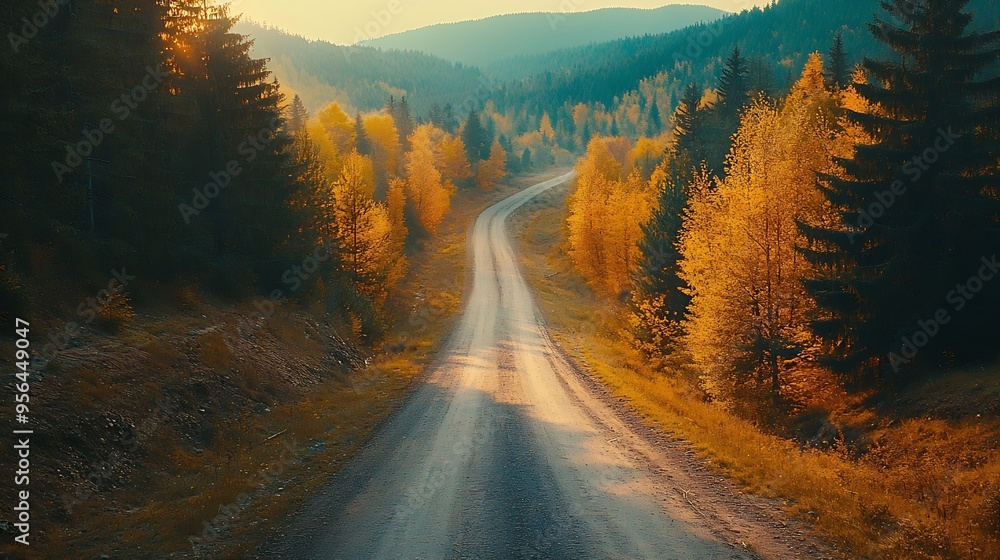 Aufkleber aerial view of mountain road in forest at sunset in autumn in ukraine top drone view of road in wood