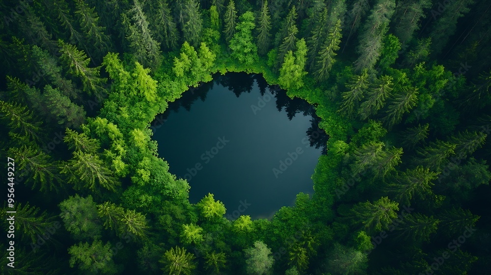 Poster aerial view of a lake in the forests of lithuania wild nature the name of the lake is mergeles akele