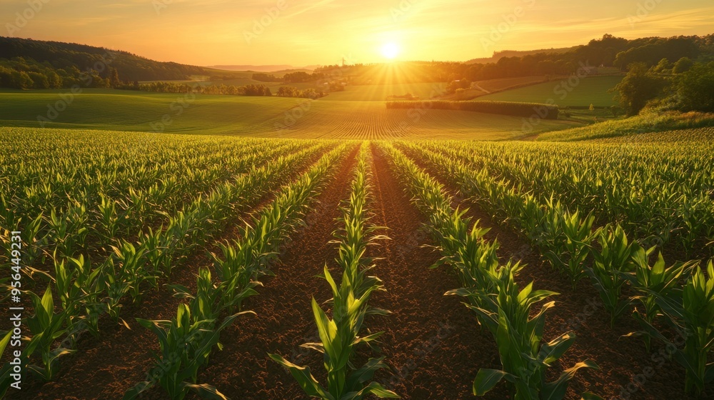 Poster rows of corn plants in a neatly organized field, with the sun setting in the background, casting a w